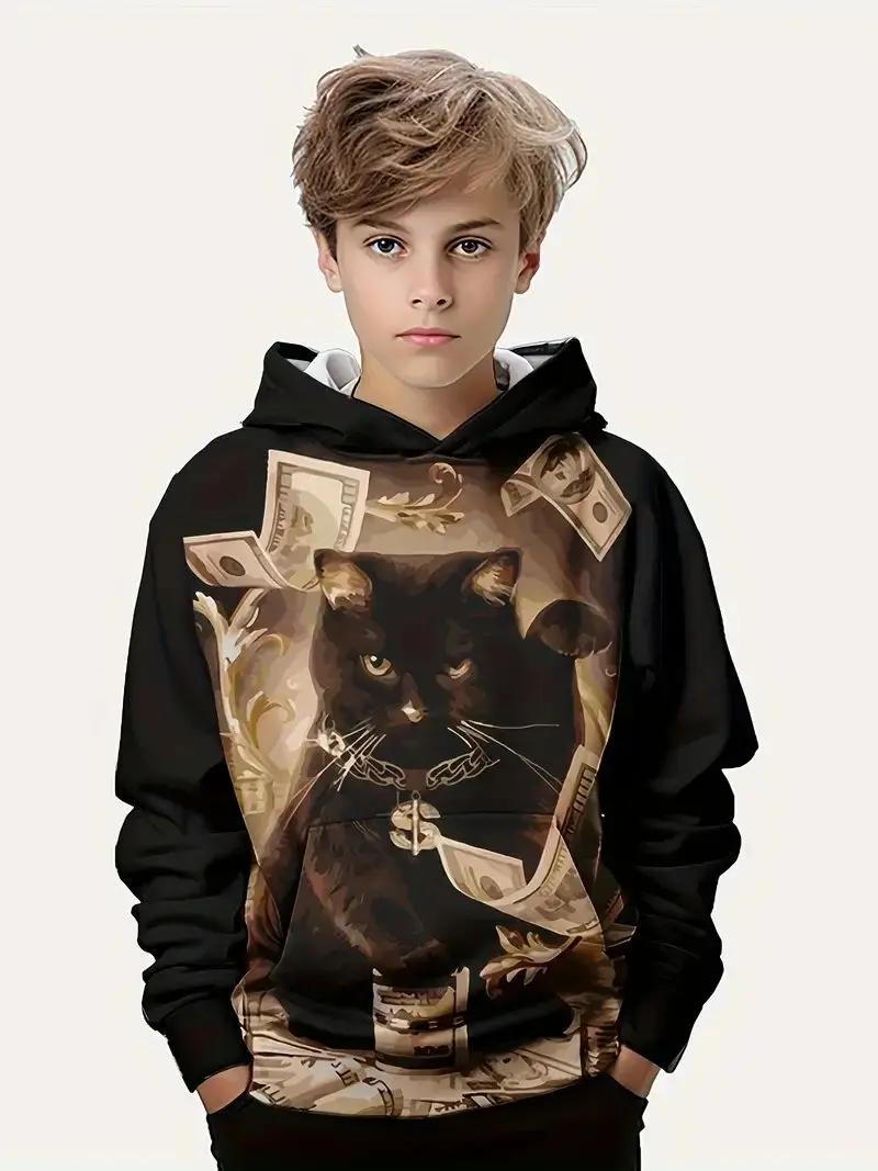 

New Autumn and winter cat print street hoodie for daily outings, personalized versatile casual loose camping top 2-14 years old