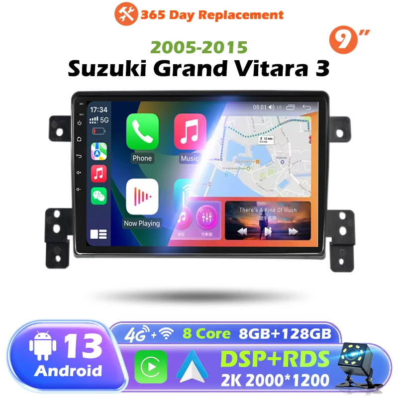 

9" Android 13 Car Stereo for Suzuki Grand Vitara 3 2005-2015 Head Unit GPS Navigation DVD Carplay & Android Auto Video Camera