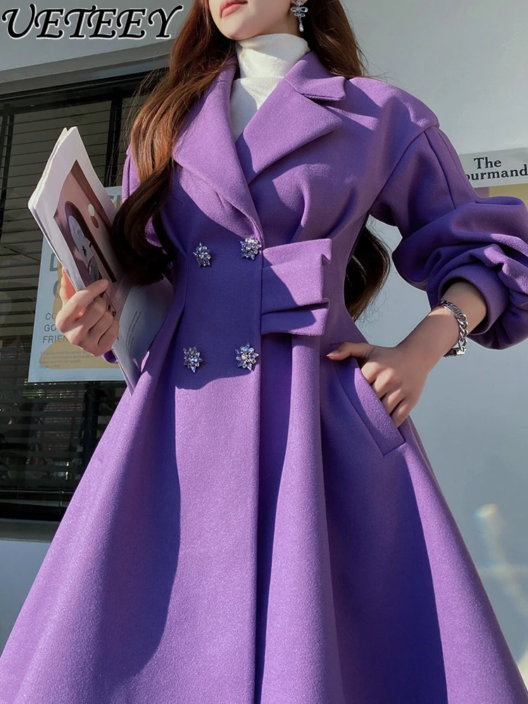 

Dabuwawa Elegant Slim Waist Slimming Lantern Sleeve Swing Woolen Coat Women Autumn and Winter High-Grade Purple Cashmere Coats