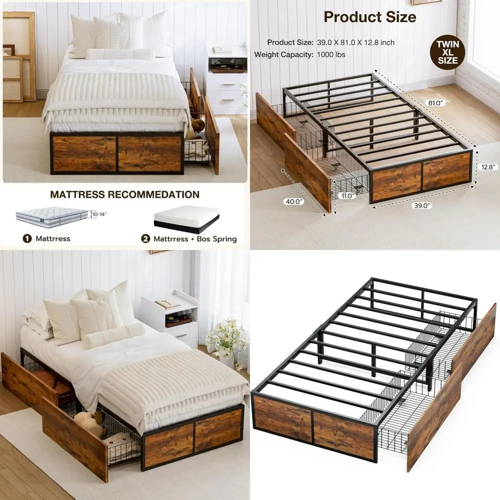 

Металлическая кровать Twin XL с 2 ящиками для хранения XL-размера, не требует пружинного блока, простая сборка, компактный деревянный дизайн