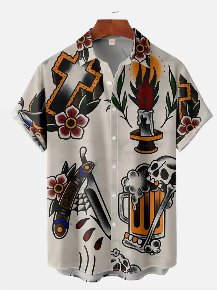 Retro Men's Traditional Tattoo Skull Beer Candle Floral Print Short Sleeve Lapel Shirt Summer Novelty Street Daily Casual Top
