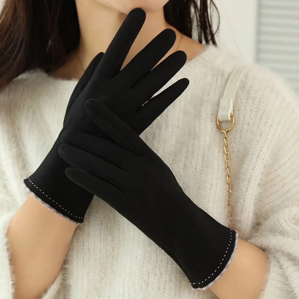 Solid Color Simple Point Finger Cycling Plus Fleece Ski Touch Screen Gloves De velvet Korean Style Mittens Women  Gloves