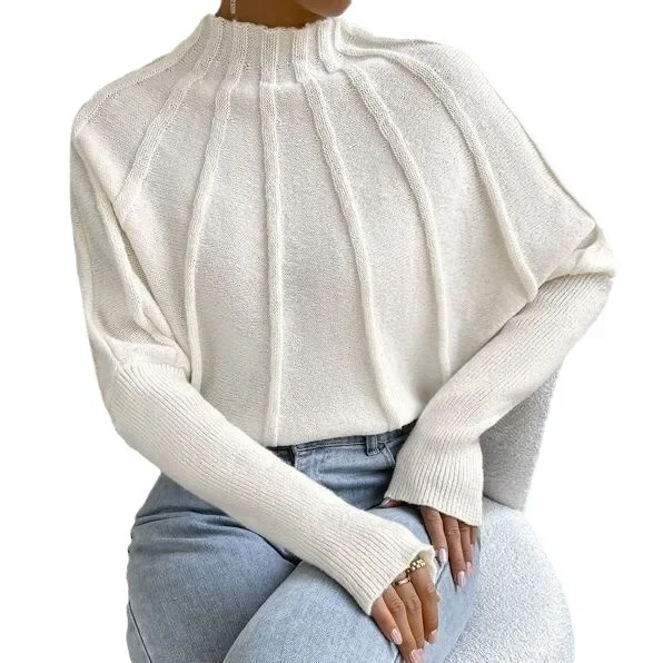 2024 European and American New Women's Half-High Neck Solid Color Versatile Knitted Pullover Bat Sleeve Sweater