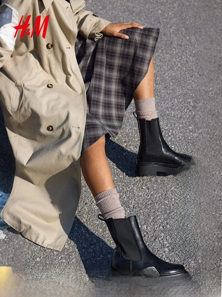 

H&M Women's Chelsea Boots Fashionable Thick Bottom Outdoor Shoes Polyester Fiber Mid-Calf Spring Autumn Pointed Toe Boots