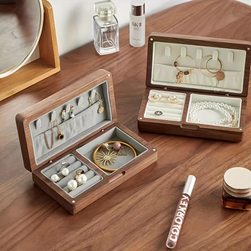 صندوق مجوهرات من الخشب الصلب من خشب الجوز الأسود، منظم تخزين رائع للخواتم والأقراط والقلائد والمجوهرات الذهبية، هدية مبطنة بالمخمل