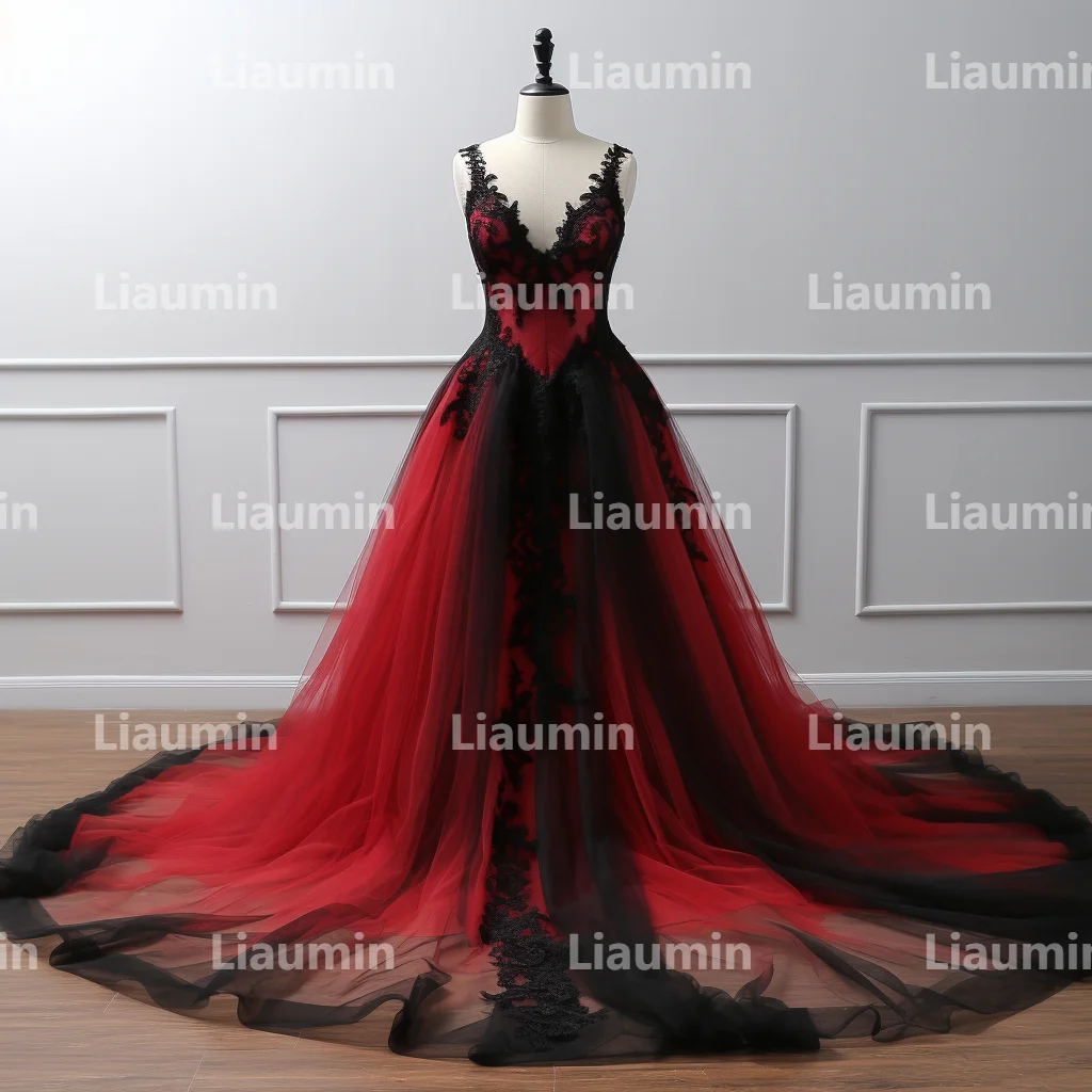 Red Tulle Black Applique Strapless Evening Dress Prom Ball Gown Floor Length Formal Princess Brithday Party Lace Up Back  A2-8