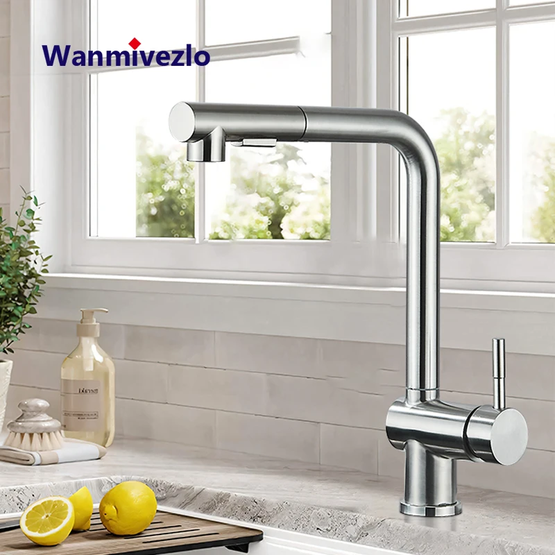 Brushed Nickel Pull Out Kitchen Sink Faucet High Pressure Two Model Stream Sprayer Nozzle Stainless Steel Tap Deck Install