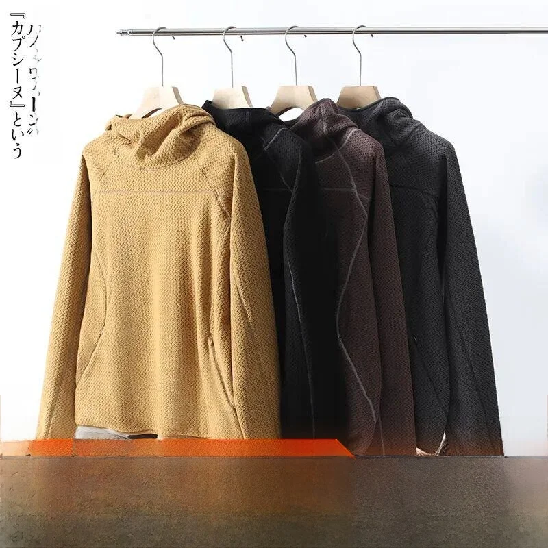 Outdoor Base Layer Hoodie Sweatshirt Loose Couples Matching Wave Pattern Fleece Lined Hasselblad Design High End Standard Fit