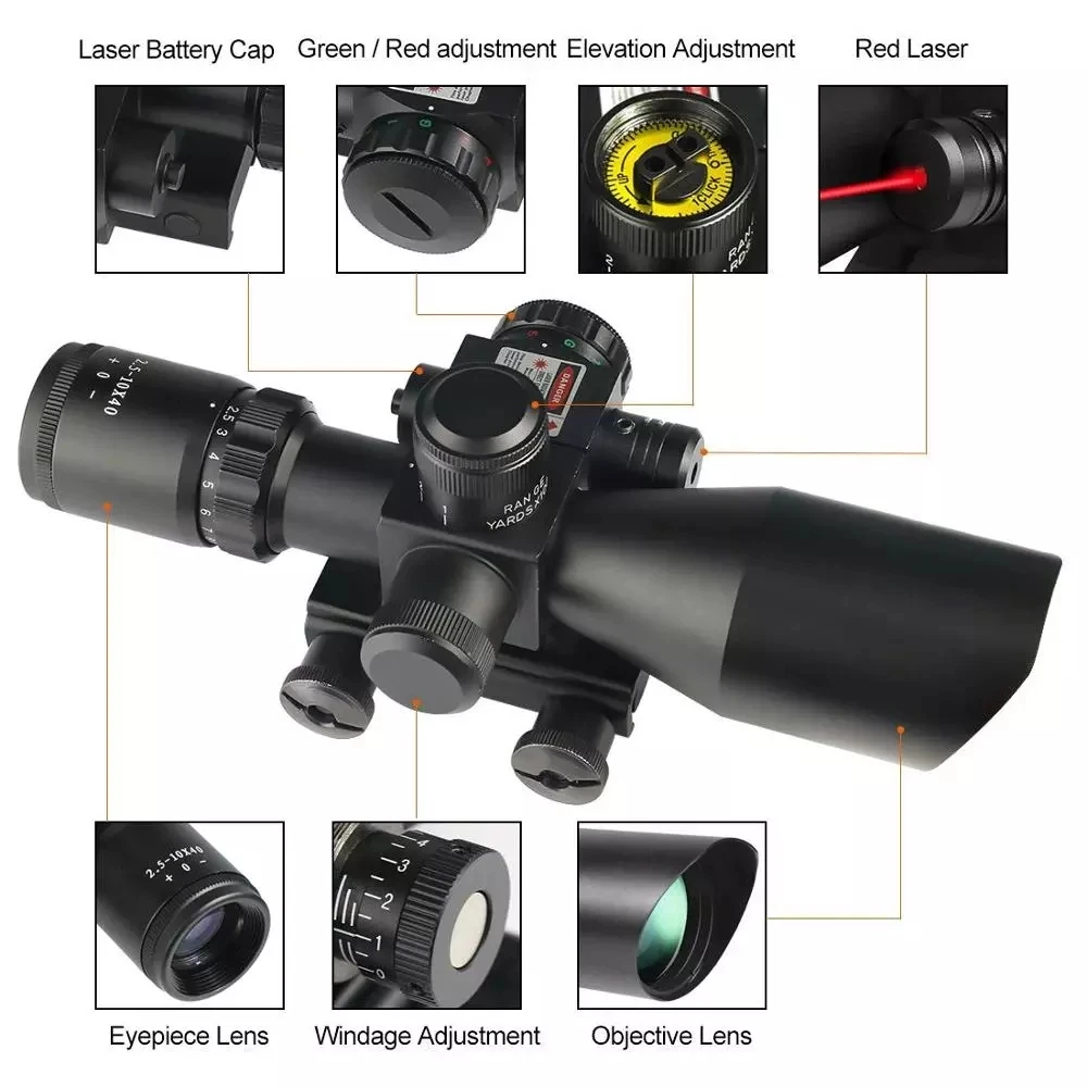 ZIYOUHU Mil-Dot Tactical Hunting Riflescope Laser Illuminated Rifle Scope 20mm Rail Mounts, 2.5-10 x 40E Times Zoom