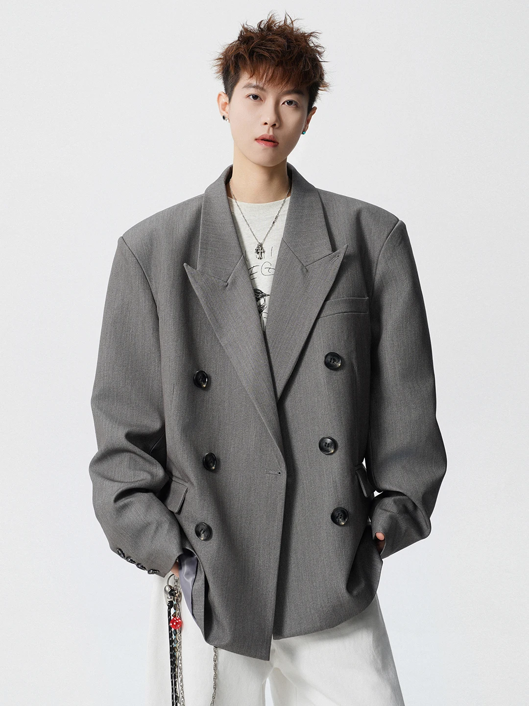 

Мужской повседневный костюм больших размеров с двумя пуговицами, свободного кроя, в корейском стиле, для бизнеса и отдыха, весенний, из полиэфирного волокна