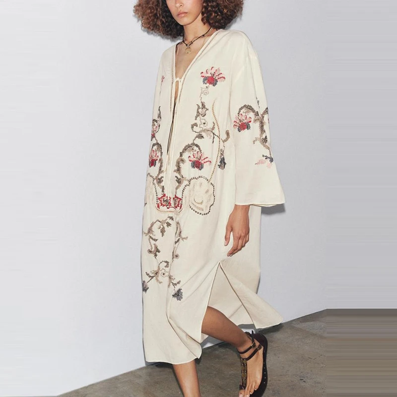 แฟชั่นปักดอกไม้ฤดูร้อน Dr ผู้หญิงชาติพันธุ์ Sle หลวมเอวเส้นใยโพลีเอสเตอร์ยาว Sve ความยาวกลาง A-Line Sk...