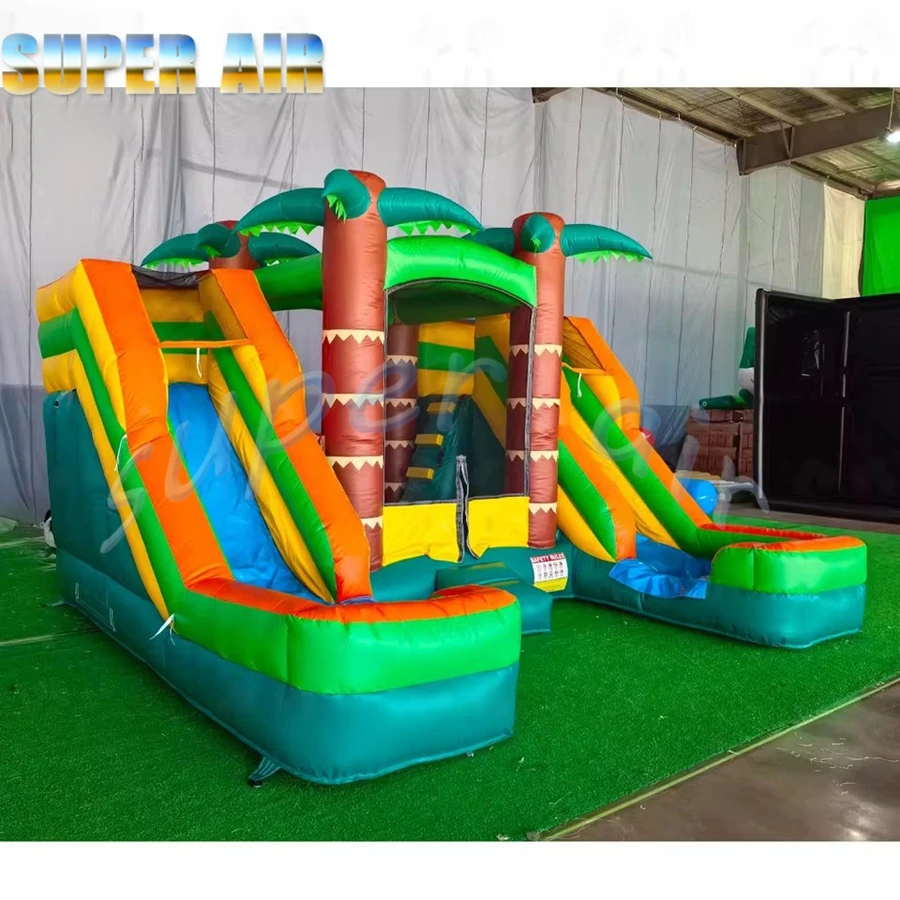 Casa de salto inflável portátil tropical dupla corrediça de água combo molhada ou seca castelo de casa inflável para aluguel de festa ao ar livre