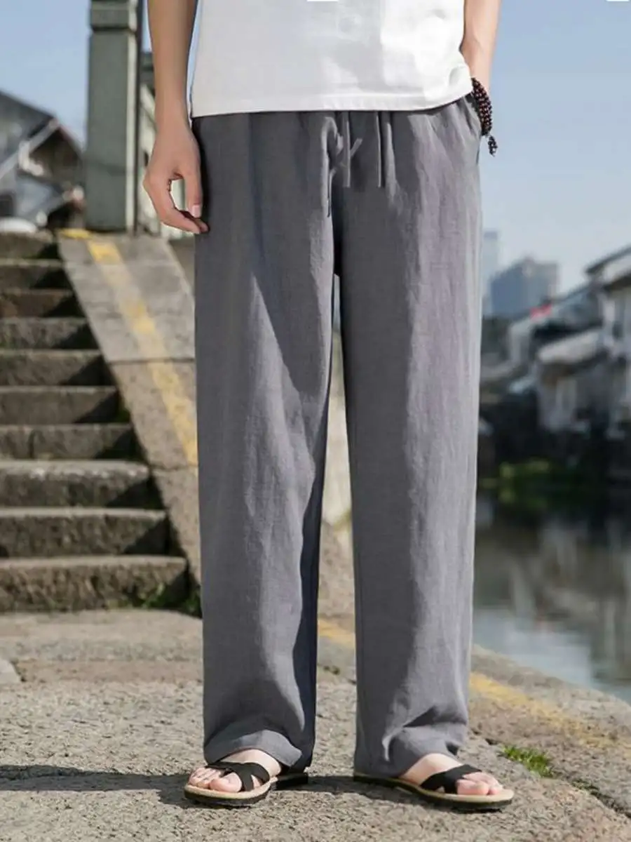 กางเกงขายาวลำลองผ้าฝ้ายลินินทรงตรงสำหรับผู้ชายฤดูใบไม้ผลิและฤดูร้อน สไตล์ลำลองแบบดั้งเดิมสำหรับวัยกลางคนและผู้สูงอายุ