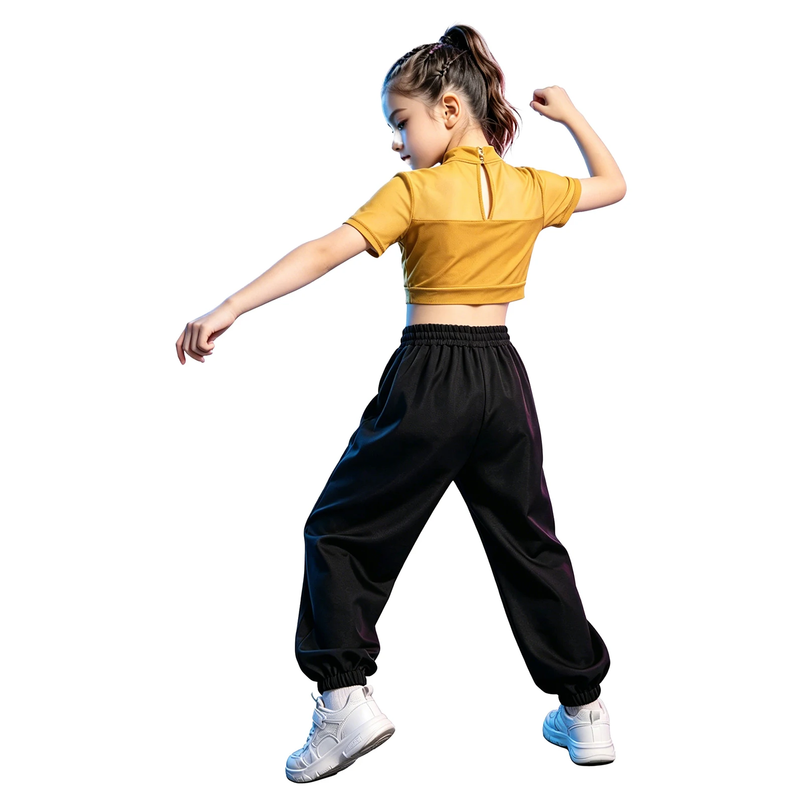 

Girls Hip Hop Jazz Dance Clothes 2 Piece Outfits Short Sleeve Mesh Crop Top with Athletic Cargo Pants Stage Performance Costume