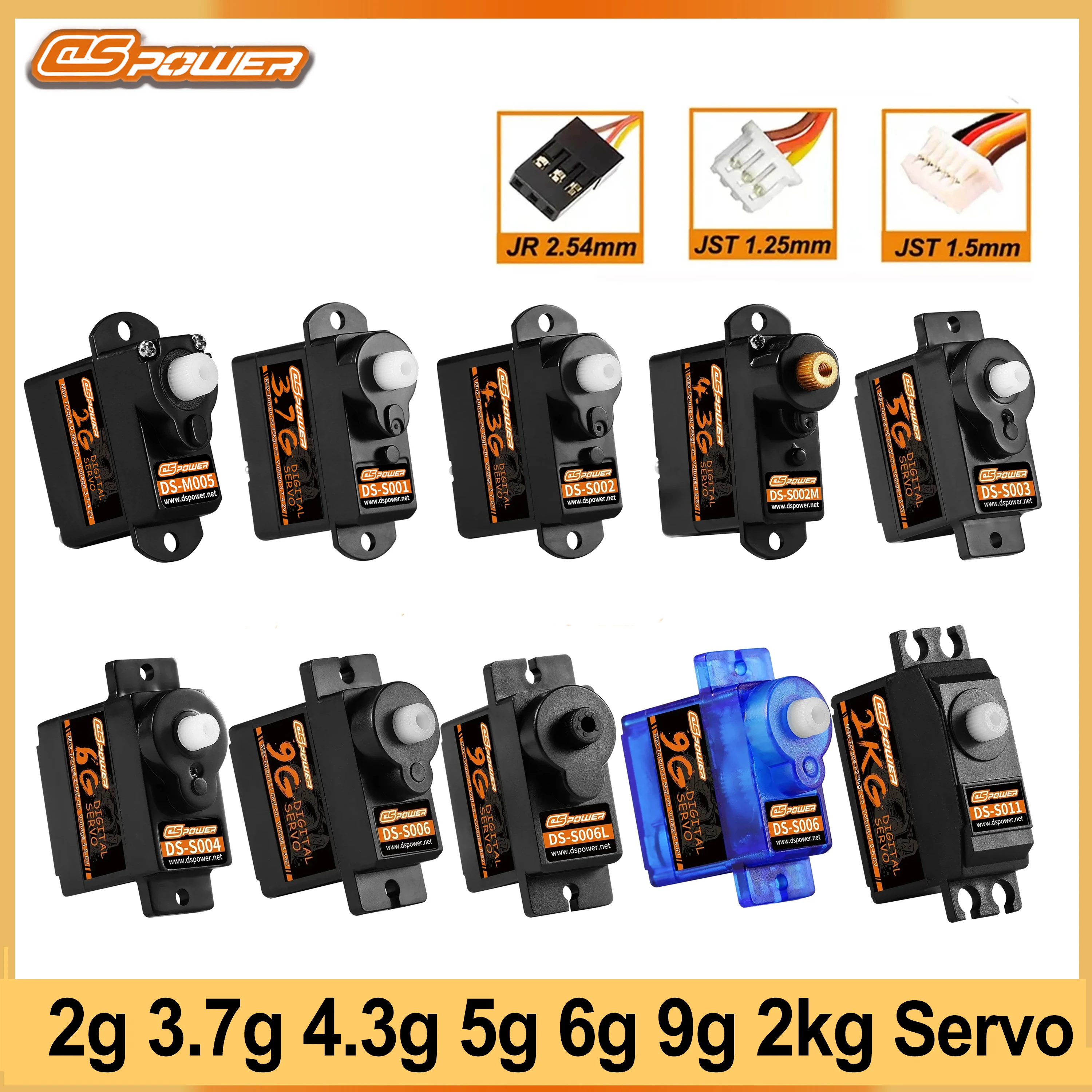 DSPOWER 2g 3.7g 4.3g 5g 6g 9g 2kg Plastic/Metal Gear JR/JST Plug Micro Digital Servo Motor for RC Car Fixed-wing Robot Toy Parts