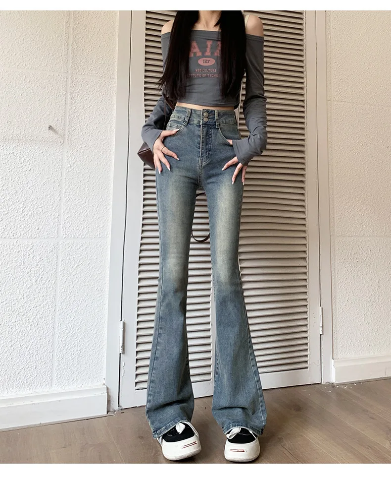 2026 Autumn Retro High Waist Double Button Stretch Flared Jeans Women Slim Bootcut Denim Trousers