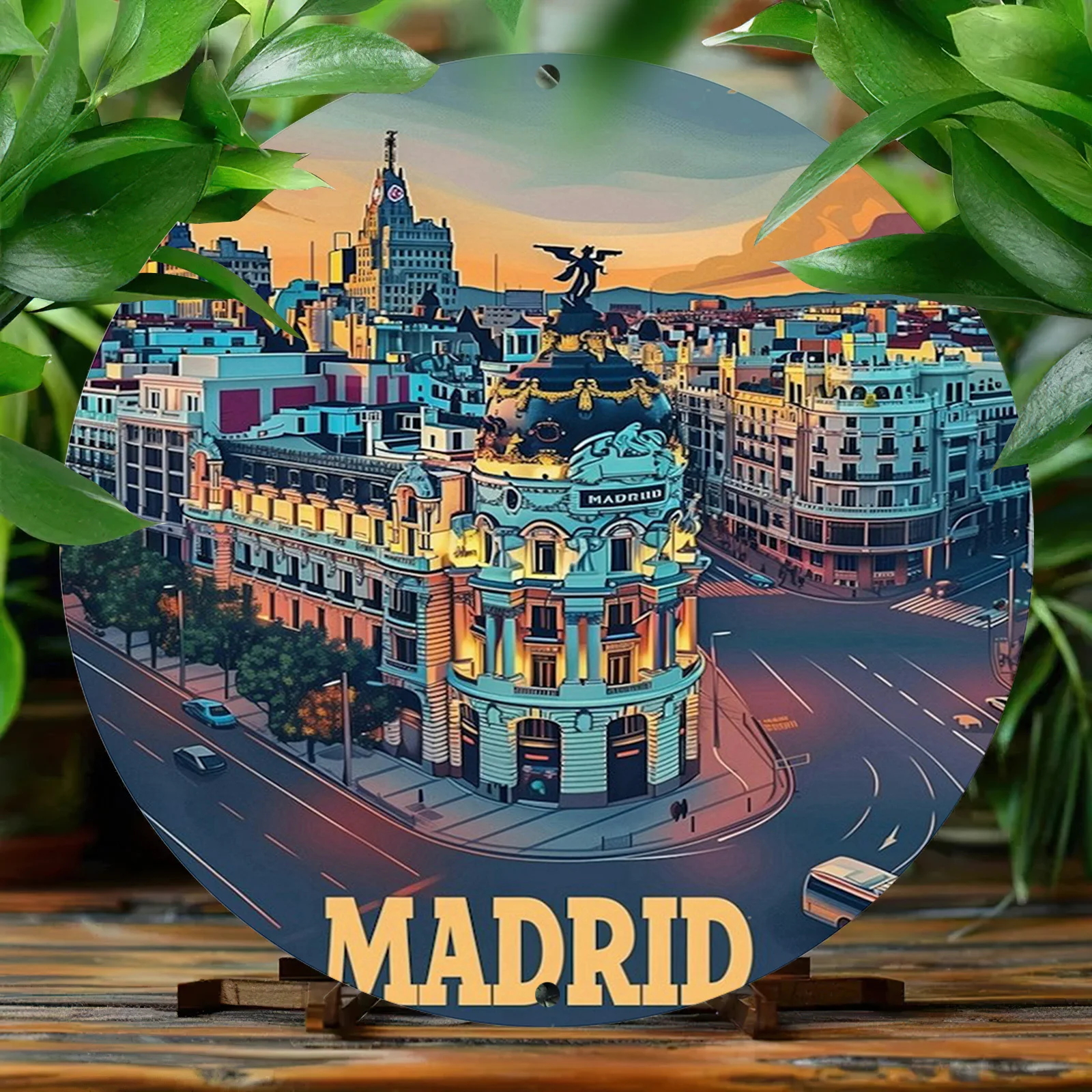 1pc Madrid Cityscape 2D Printed Round Aluminum Metal Sign, 8x8 Inch (20x20cm), Vintage Carved Painted Circular Wreath, UV & Flam