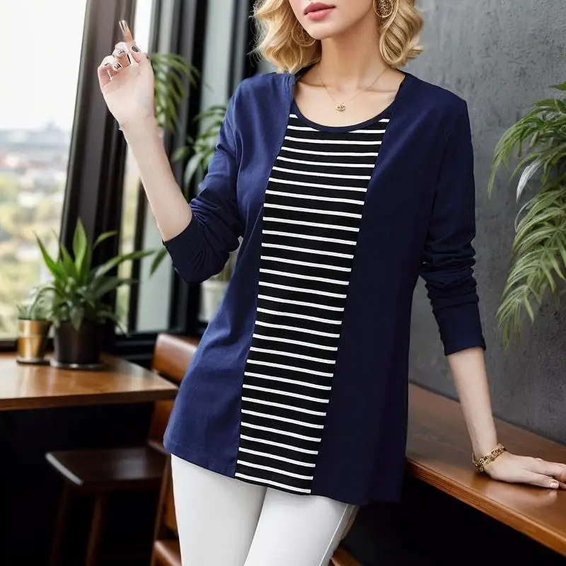 2024 Autumn Spring New O Neck Polyester Long Sleeve women's t-shirt Fashion European Style Striped t shirt
