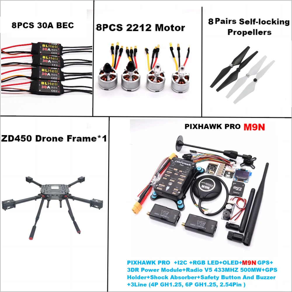 F450 PIXHAWK PRO M9N Dual motor Flight FiberFrame Kit Ardupilot 100MW Radio Telemetry Quadcopter BLHELI 20A 2212 Motor ESC