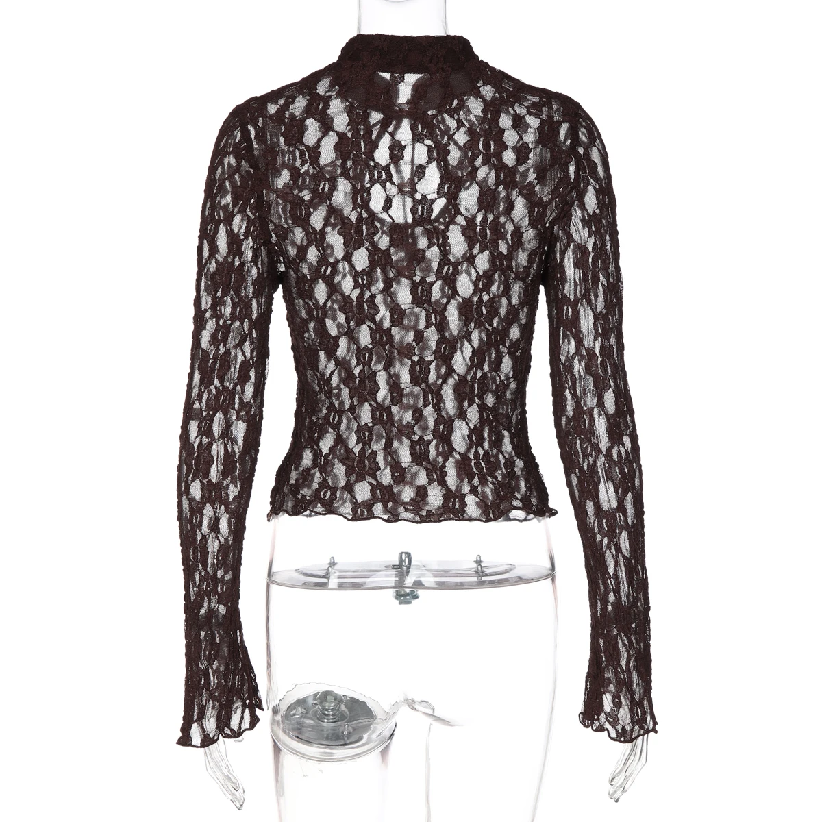 Hugcitar Spitze, schwarzes, langärmeliges, durchsichtiges, sexy Crop-T-Shirt, Herbstmode für Damen, Party- und Nachtclub-Tops – Detail 4