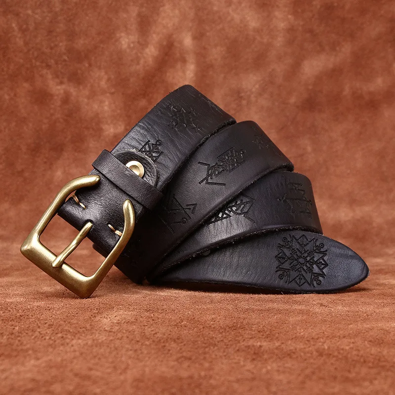 Men's Thickened Genuine Vegetable Tanned First-Layer Cowhide Belt Retro Personalized Trendy Carved Versatile Jeans Accessory