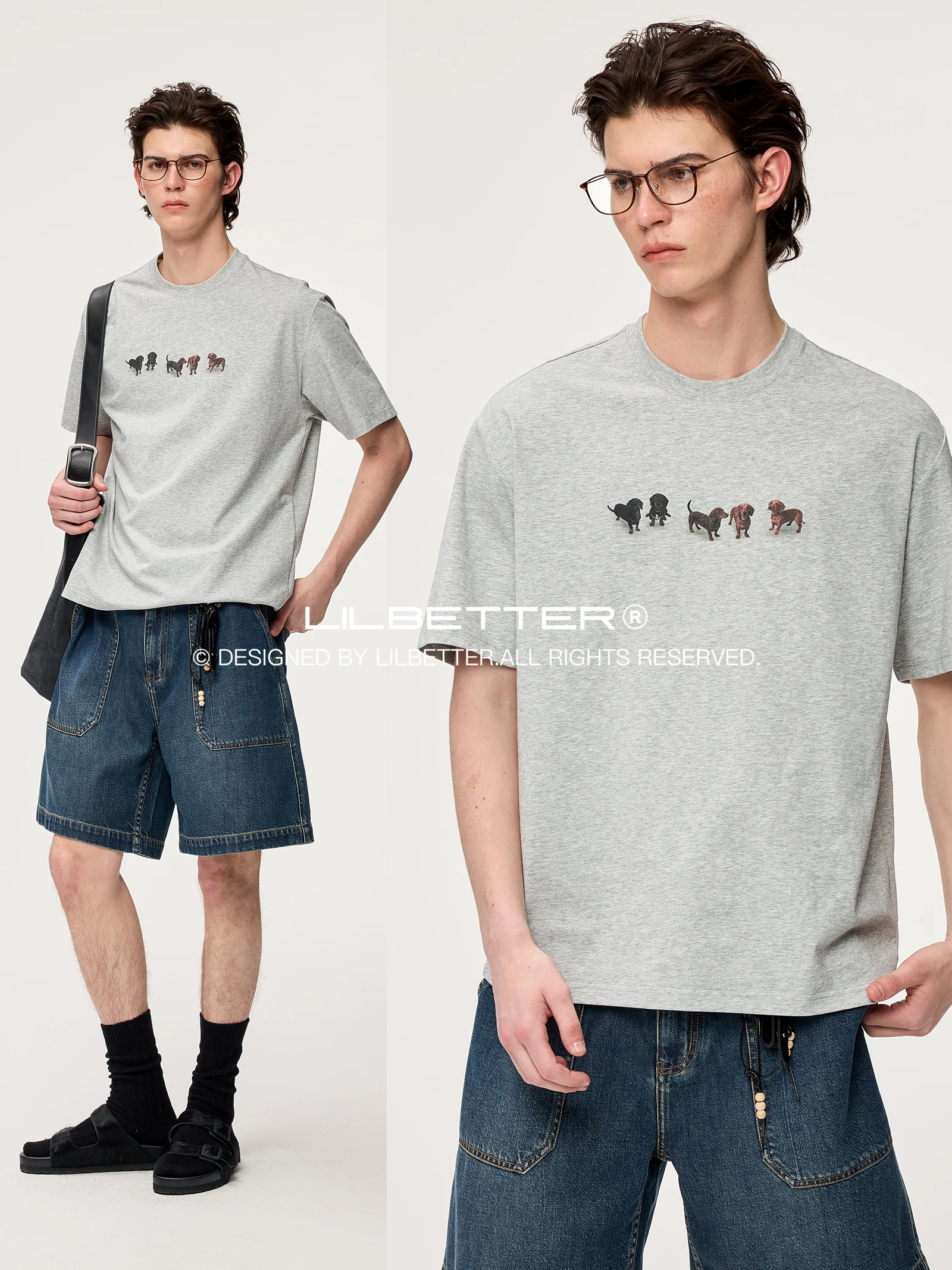 Lilbetter Cool Feeling Knitted Short Sleeve T-Shirt with Sausage Dog Print Casual Fashion Summer Top for Young Men And Women
