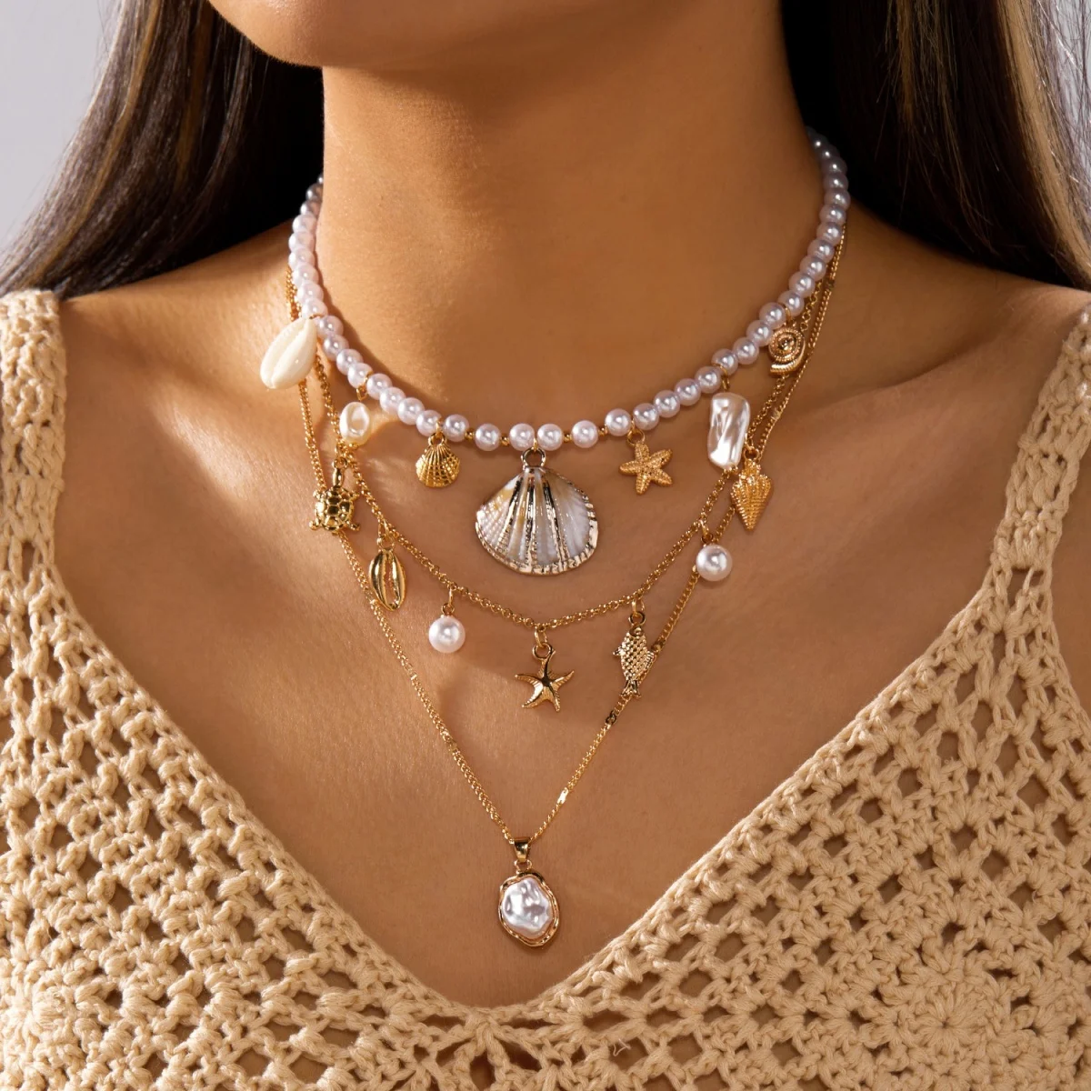 Barocke Halskette mit unregelmäßigen Imitationsperlen, Muscheln, Seesternen, Schnecken und Fischen für Damen und Herren, Bohemian Ocean Beach Schmuck – Detail 9