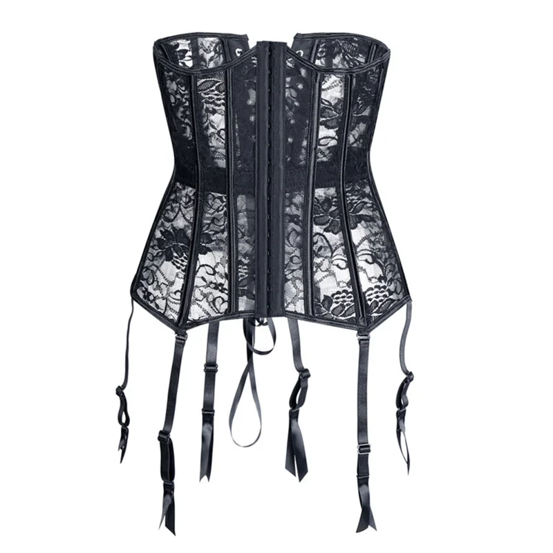 Black Sexy With Garter Belt Lace Mesh Breathable Underbust Corset Waist Trainer Slim Lingerie Plus Size Corselet S-6XL