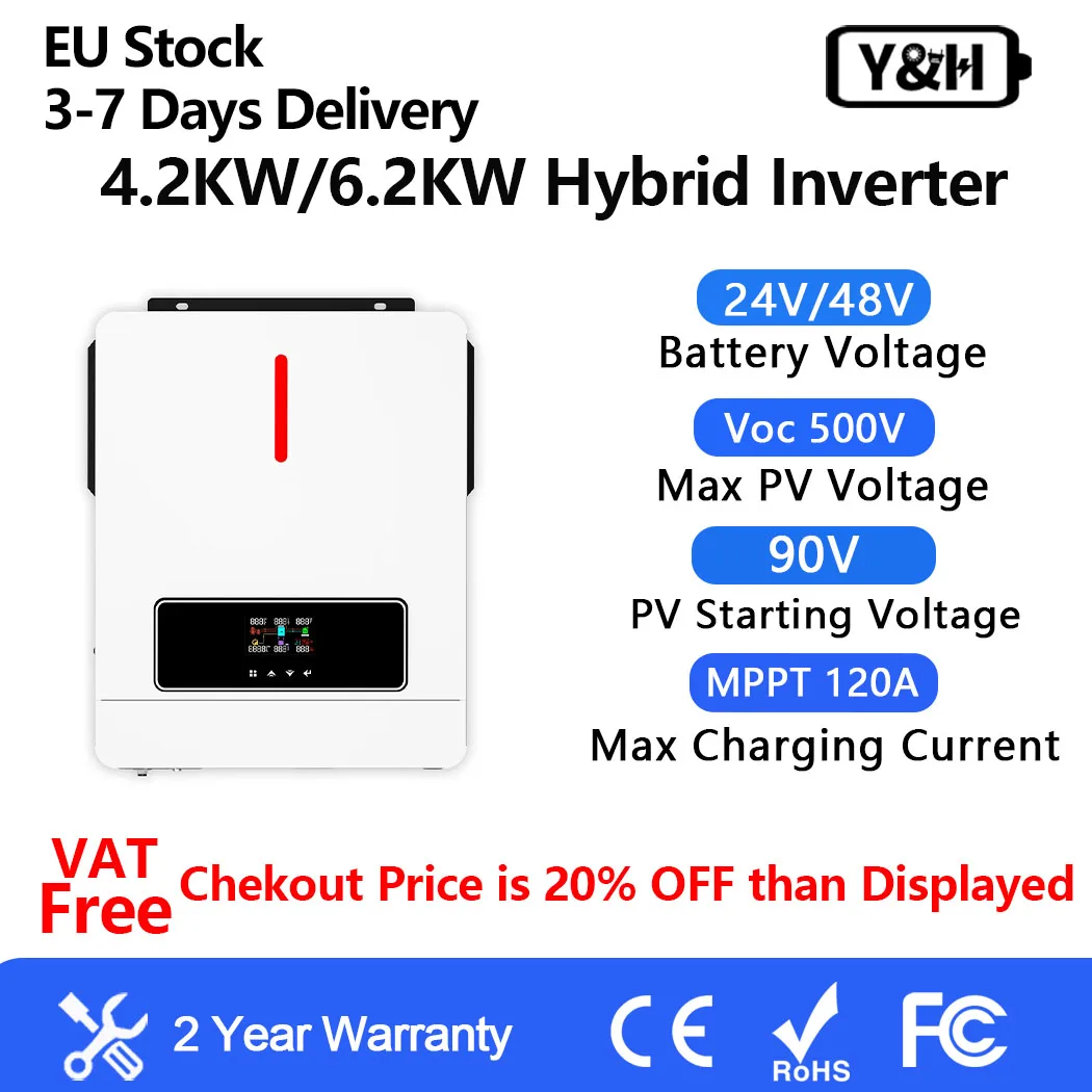 Y&H 4.2KW 6.2KW Hybrid Solar Inverter 24V 48V Pure Sine Wave Inverter 230V Dual output Max Pv 500vdc MPPT 120A Solar Charger