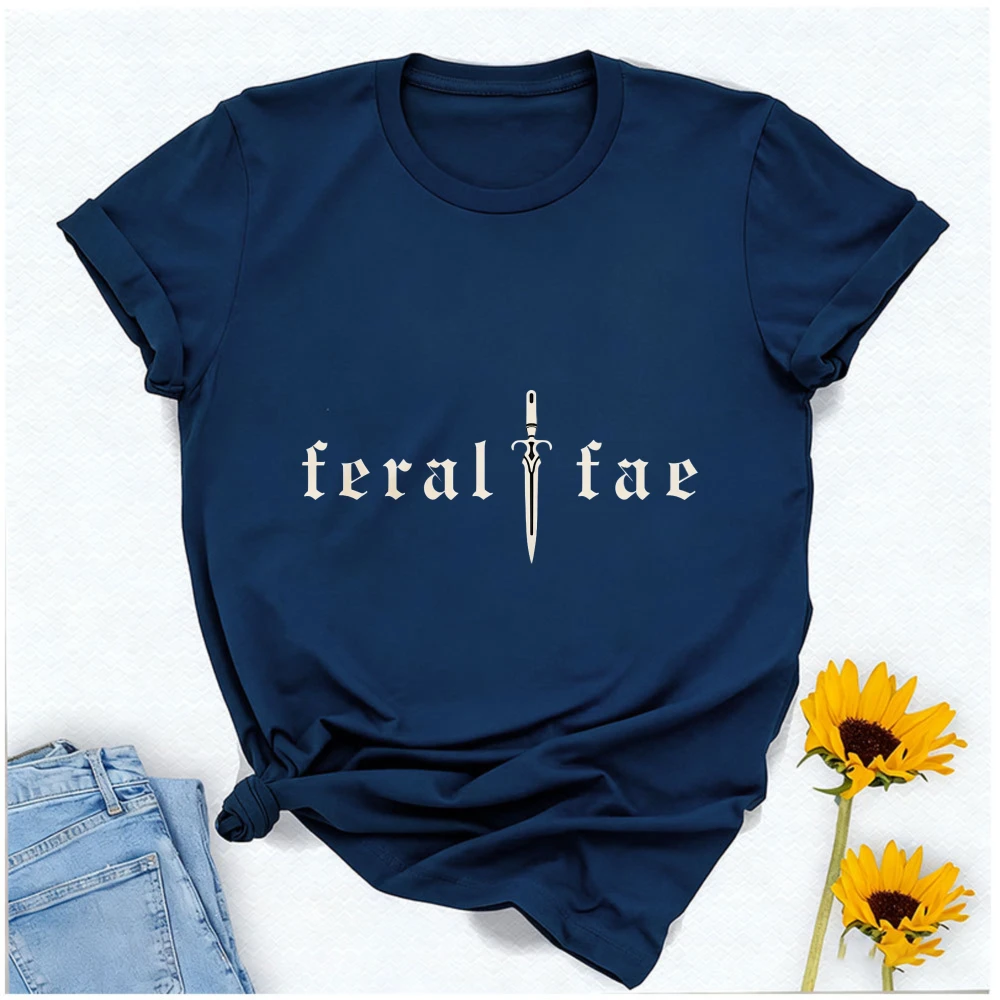 Minimal Feral Fae Print Tshirt Sword Dark Fantasy Acotar Graphic Short Sleeve Casual Weekend Reading Daily Wear Tee Cotton Tops