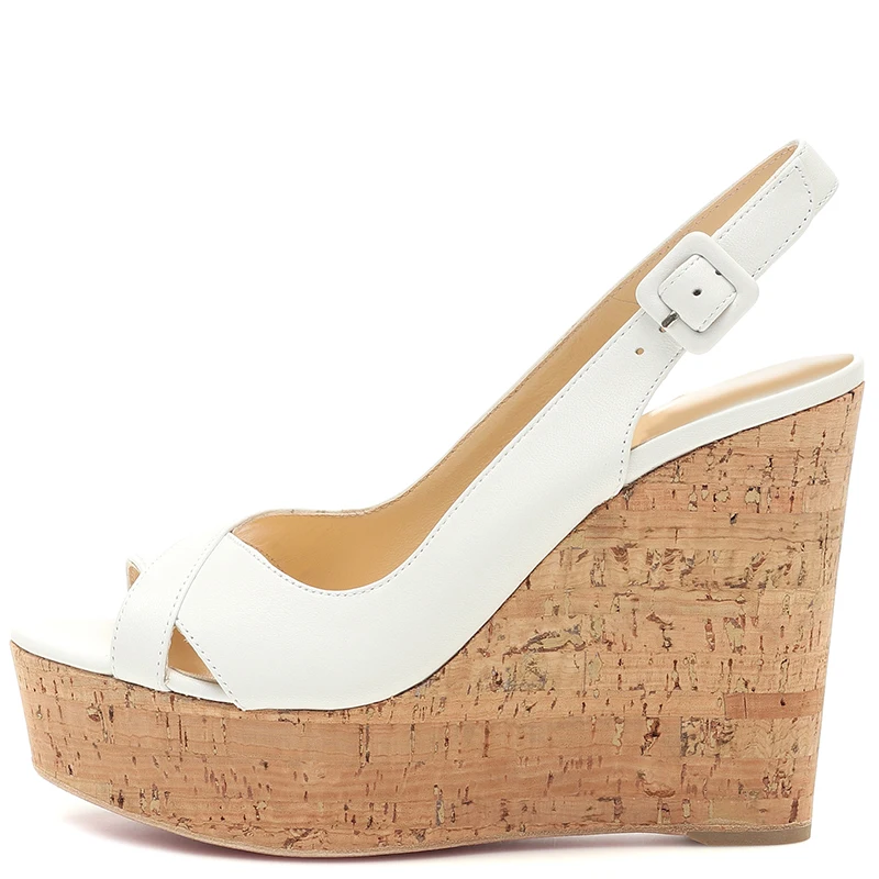 

Peep Toe White Summer Sandals for Women Cork High Heels Wedges Ladies Platforms Sandal Slingbacks Party Dress Heels Plus Size