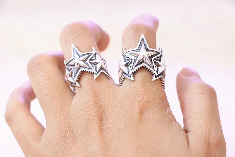 European and American fashion personality retro Thai silver opening star punk ring for men, pure silver tail ring for women, rin