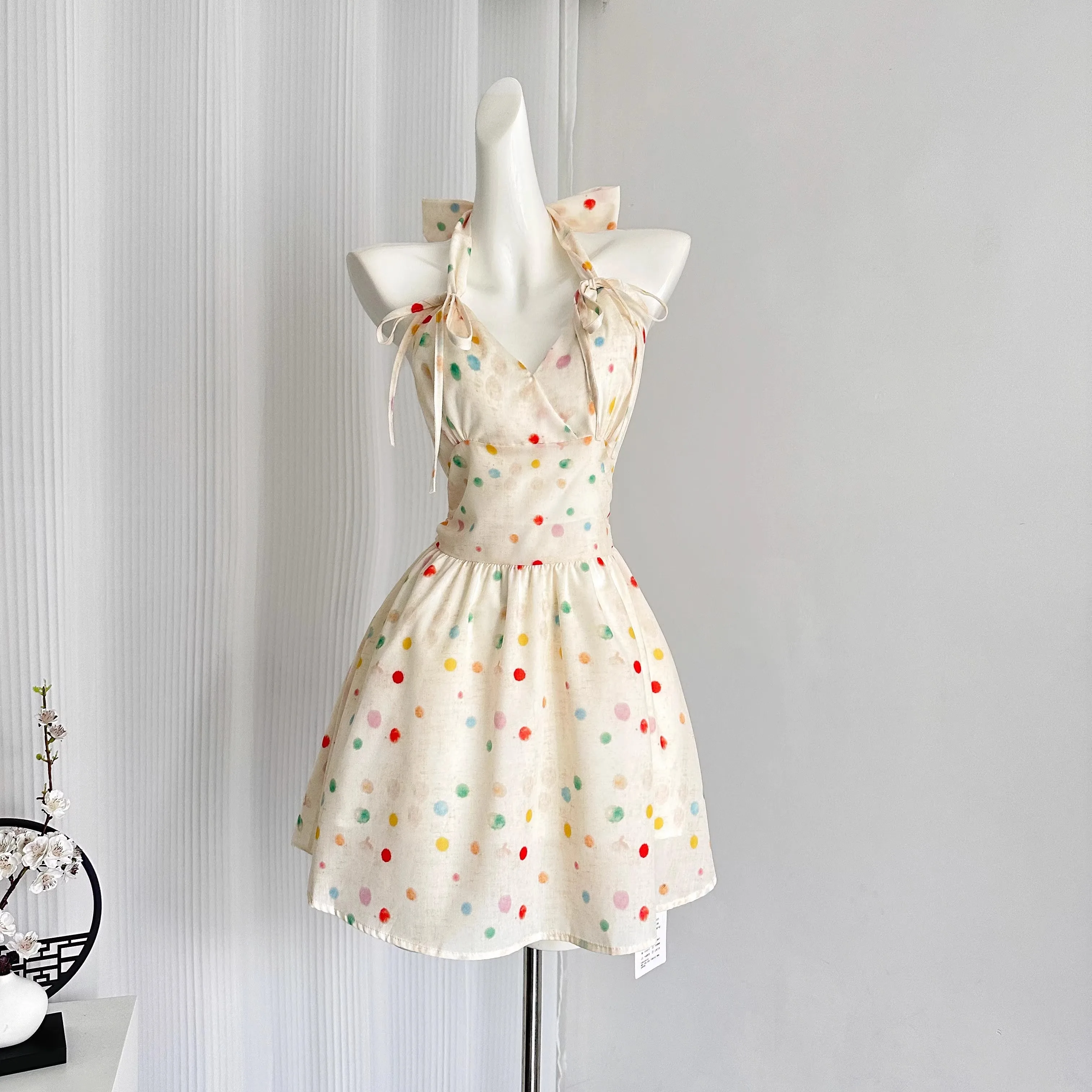 Korejpaa Sweet Gentle Women Y2k Dress 2024 Summer Korean Fashion Rainbow Polka Dot Halter Slim High Waist Dresses Kawaii Clothes