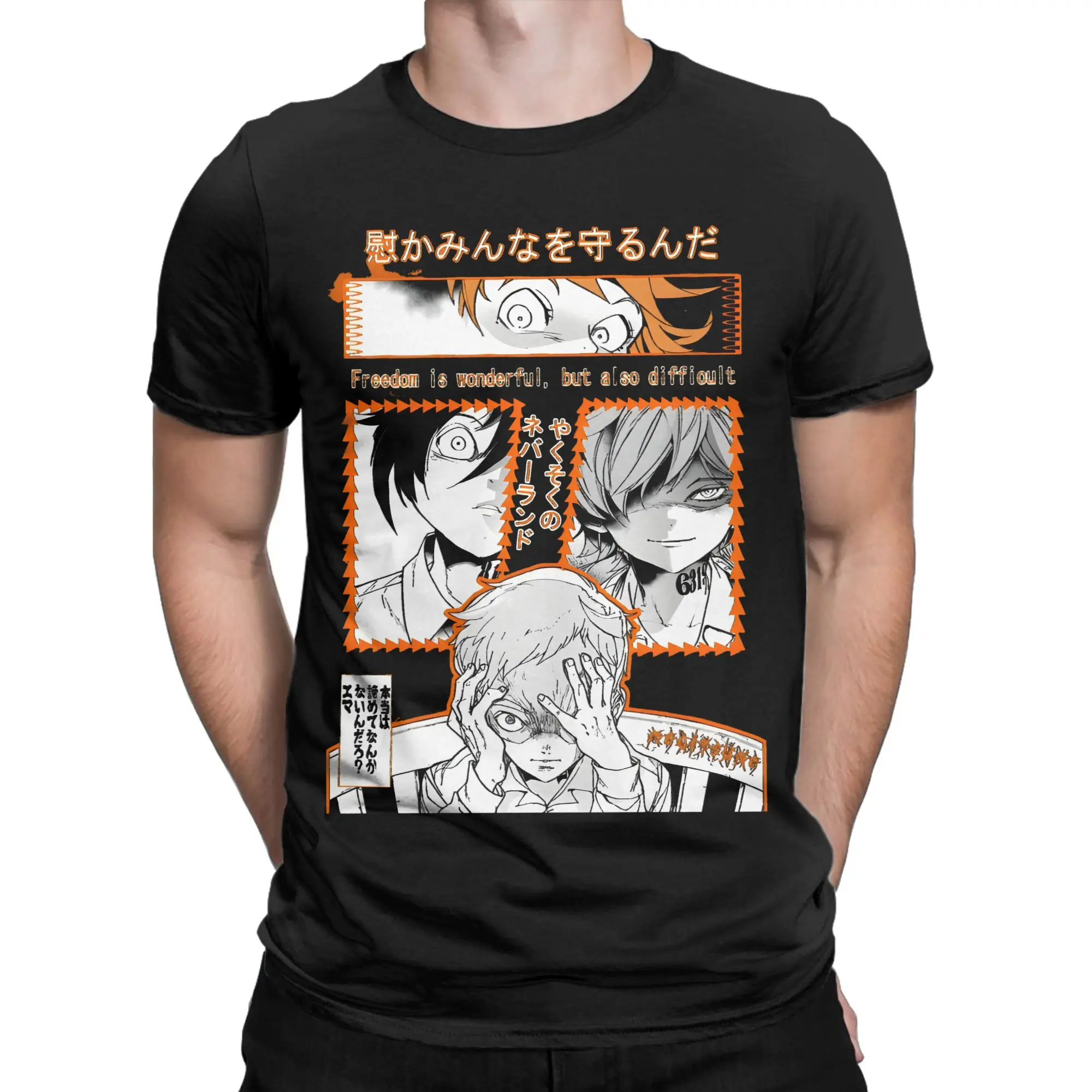 Awesome The Promised Neverland T-Shirts for Men Round Neck Pure Cotton T Shirt  Short Sleeve Tees Plus Size Clothes