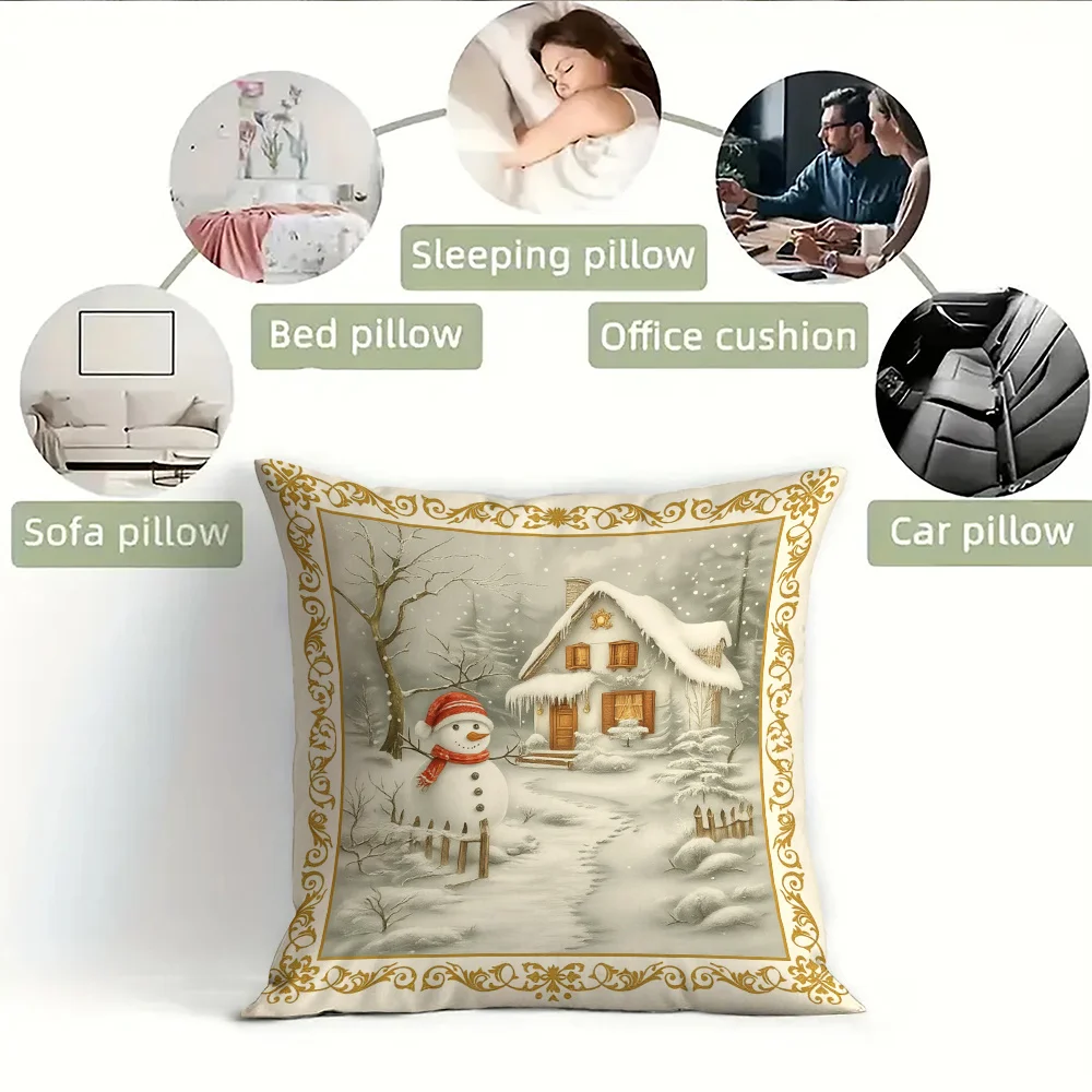 4-Piece Winter Village Throw Pillow Covers Set - Cozy Snowy Cabin & Sleigh Scene Decor for Living Room