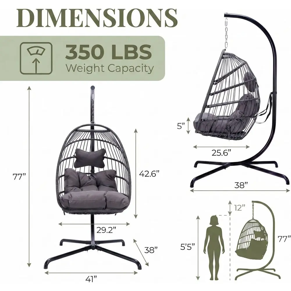 Durable Outdoor Hanging Egg Chair Swing with Cushion, 350 lbs Capacity, Weather-Resistant for Balcony or Deck, Gray - view 4