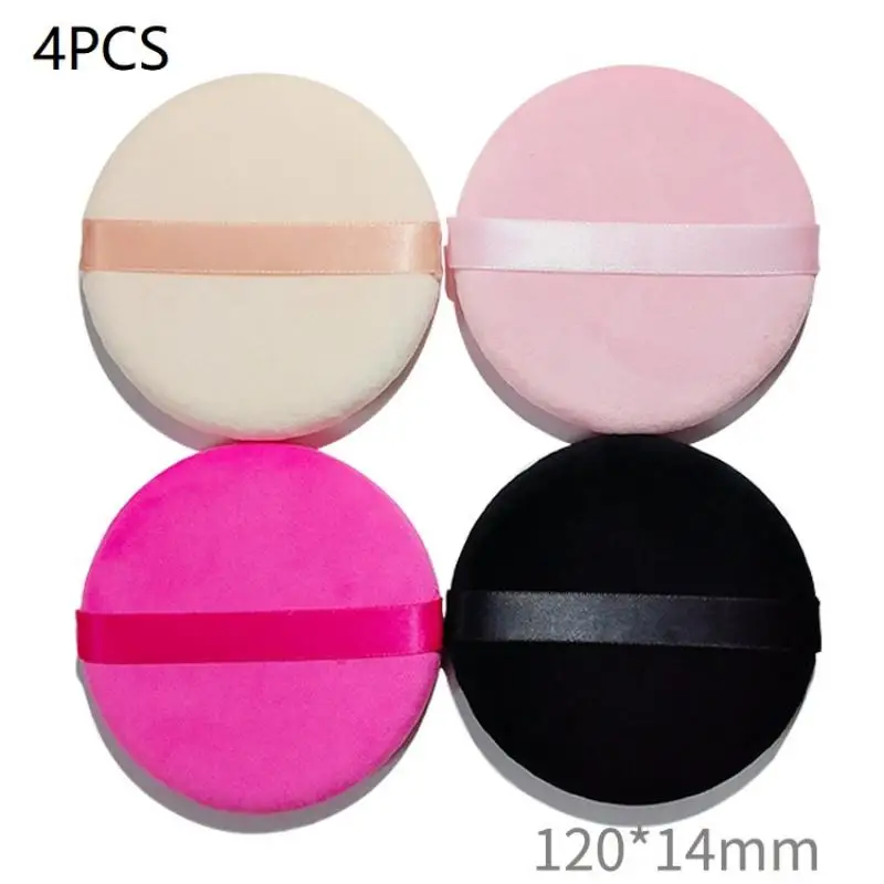 【M】4Pcs 12cm Round Flocking Powder Puff Large Loose Powder Puff Makeup Artist Powder Puff Ribbon Hook Hand Glove Puff