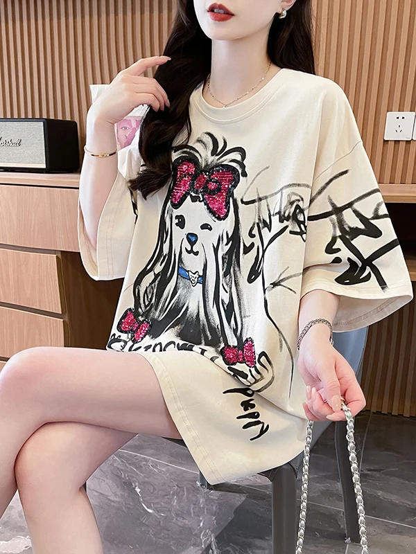 Women's Loose Fit Cotton T-Shirt Graffiti Print Short Sleeve Korean Style Commute Fashion Summer Sweat Absorbent Knitted Top