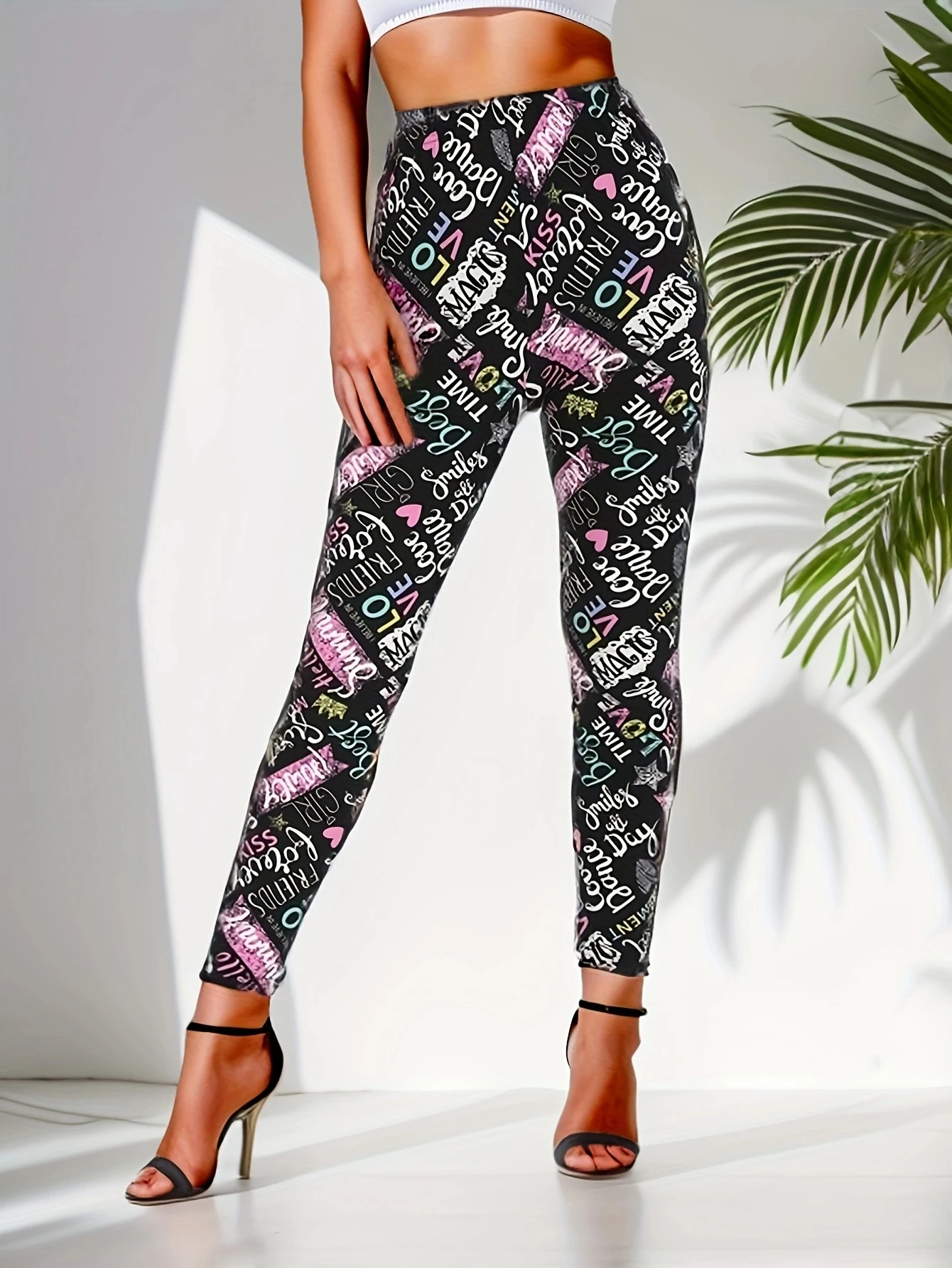 سراويل ضيقة مرنة للياقة البدنية للنساء ، ملابس رياضية لليوجا ، تمارين رياضية ، كاجوال ، عصري ، أحرف ملونة ، خريف ، شتاء