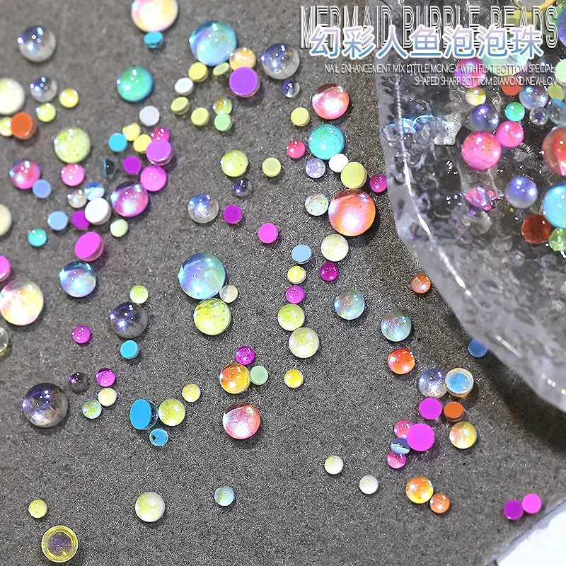 100Pcs Fantasy Mermaid Bubble Beads Nail Art Rhinestones Mix Color Macaron Flat Bottom Nail Jewelry Charms