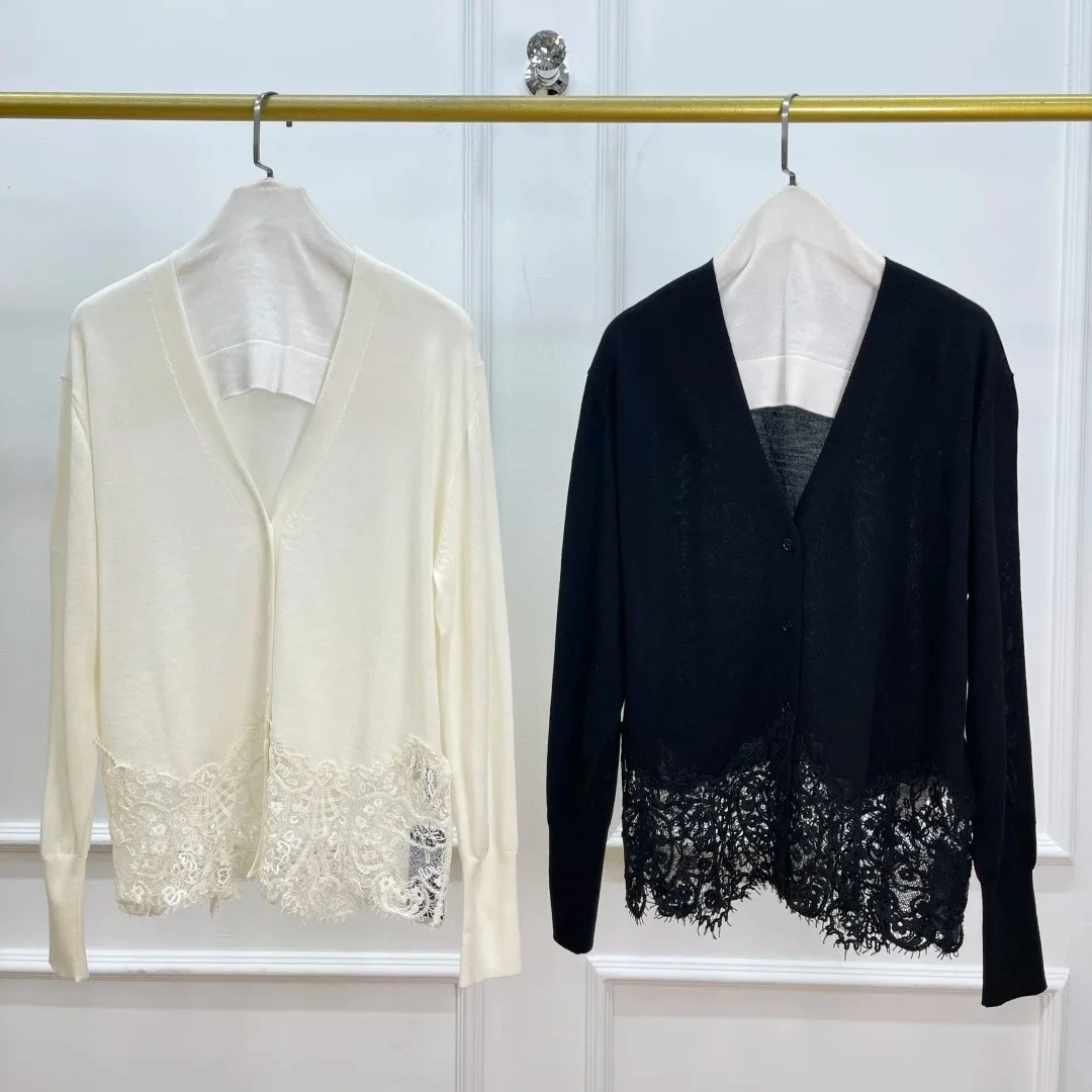 

100% Wool Women Heavy Embroidery Knitted Cardigan sweater Single Breasted V-Neck Long Sleeve Casual Slim Sweater