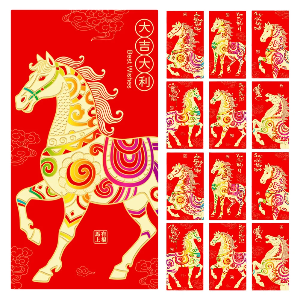 

36Pcs Chinese Red Envelopes Horse Year Money Packets 2026 New Year Lucky Cash Bags Spring Festival Lunar Hong Bao Red Packets