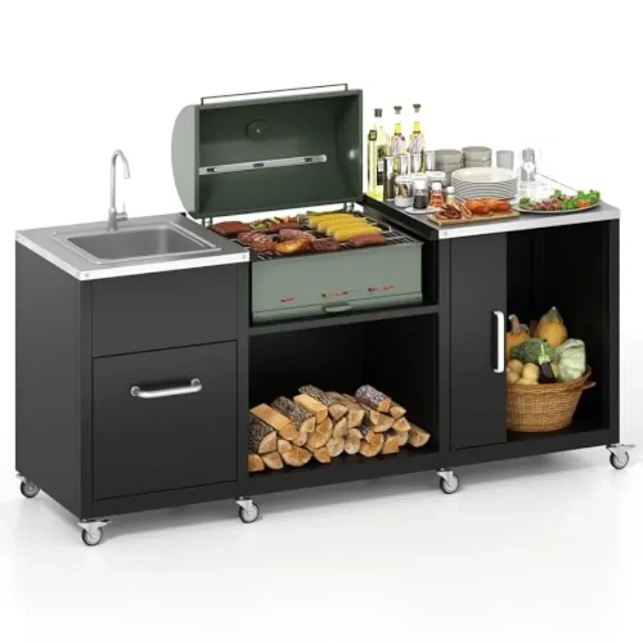 

Outdoor grill table for patio, camping, backyard: heavy duty metal, stainless steel top, black, with sink, drainage, cabinet, w