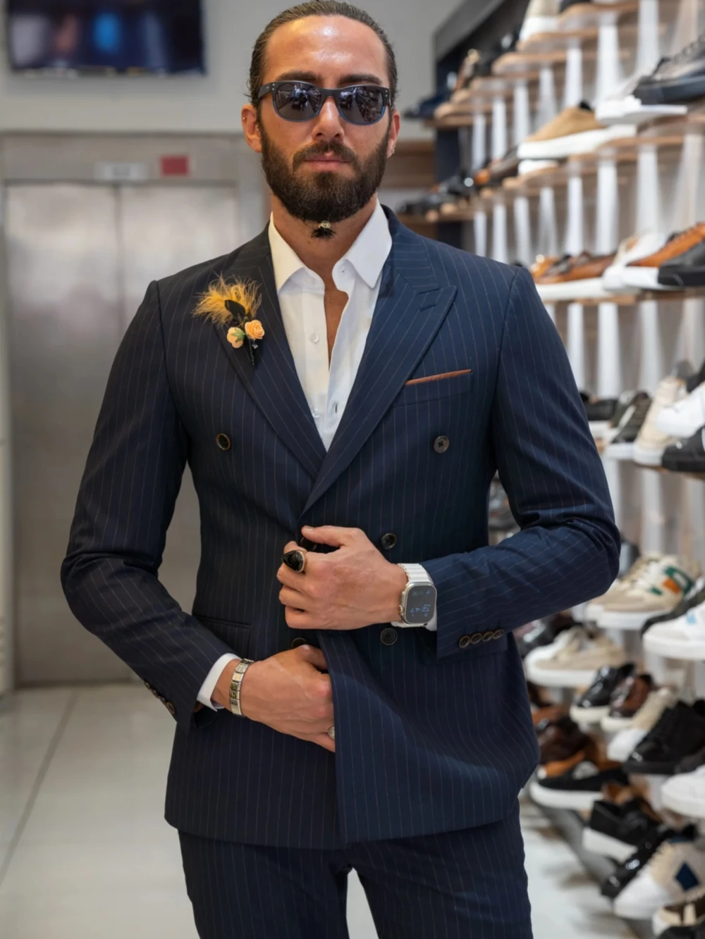 Navy Blue Stripped Suit Set 2 pieces Jacket Pants For Men Business office Outfit Double Breasted Men's Tuxedo Dancing Wear