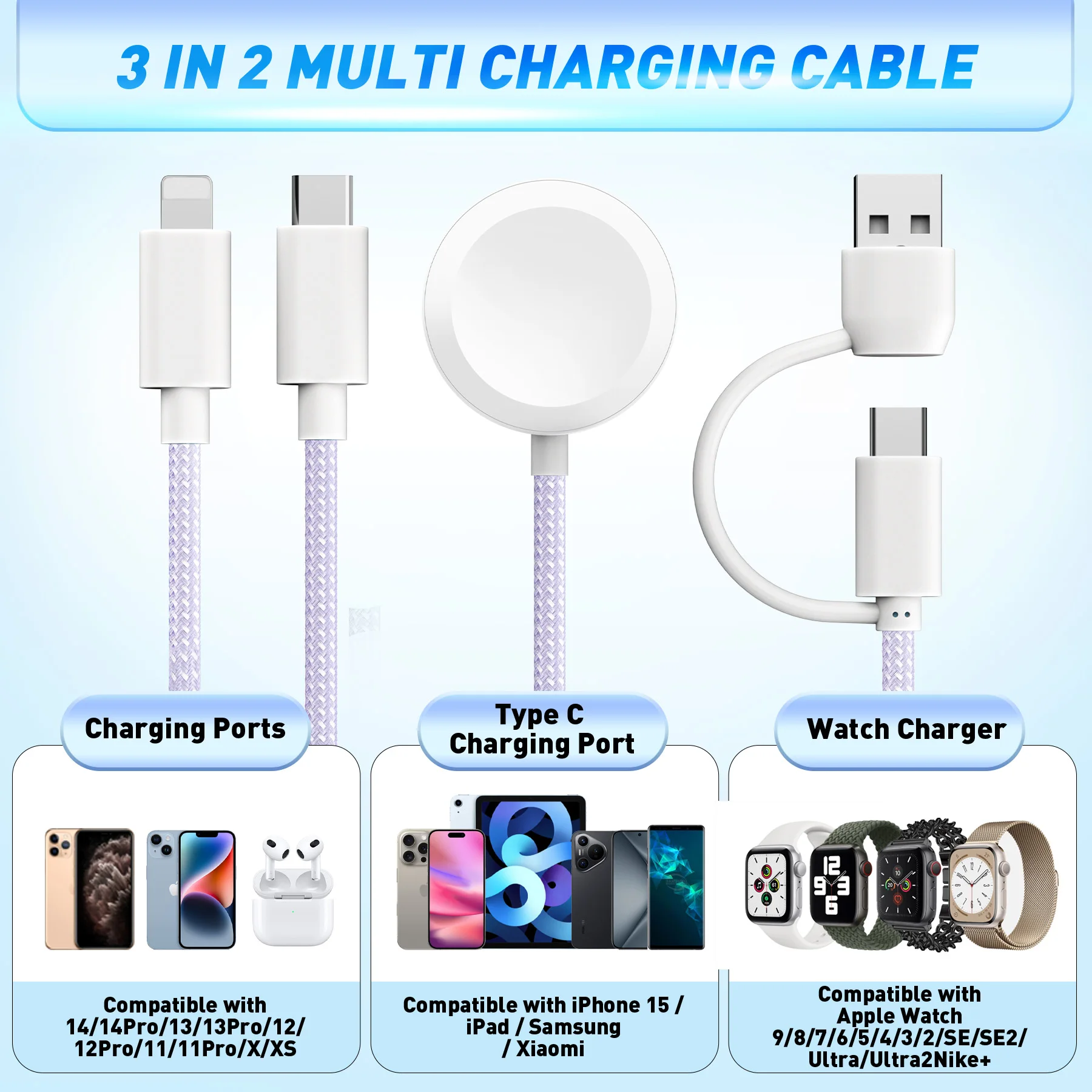 Cable de datos USB C 3 en 2 adecuado para cargador Apple Watch con múltiples cables de carga rápida