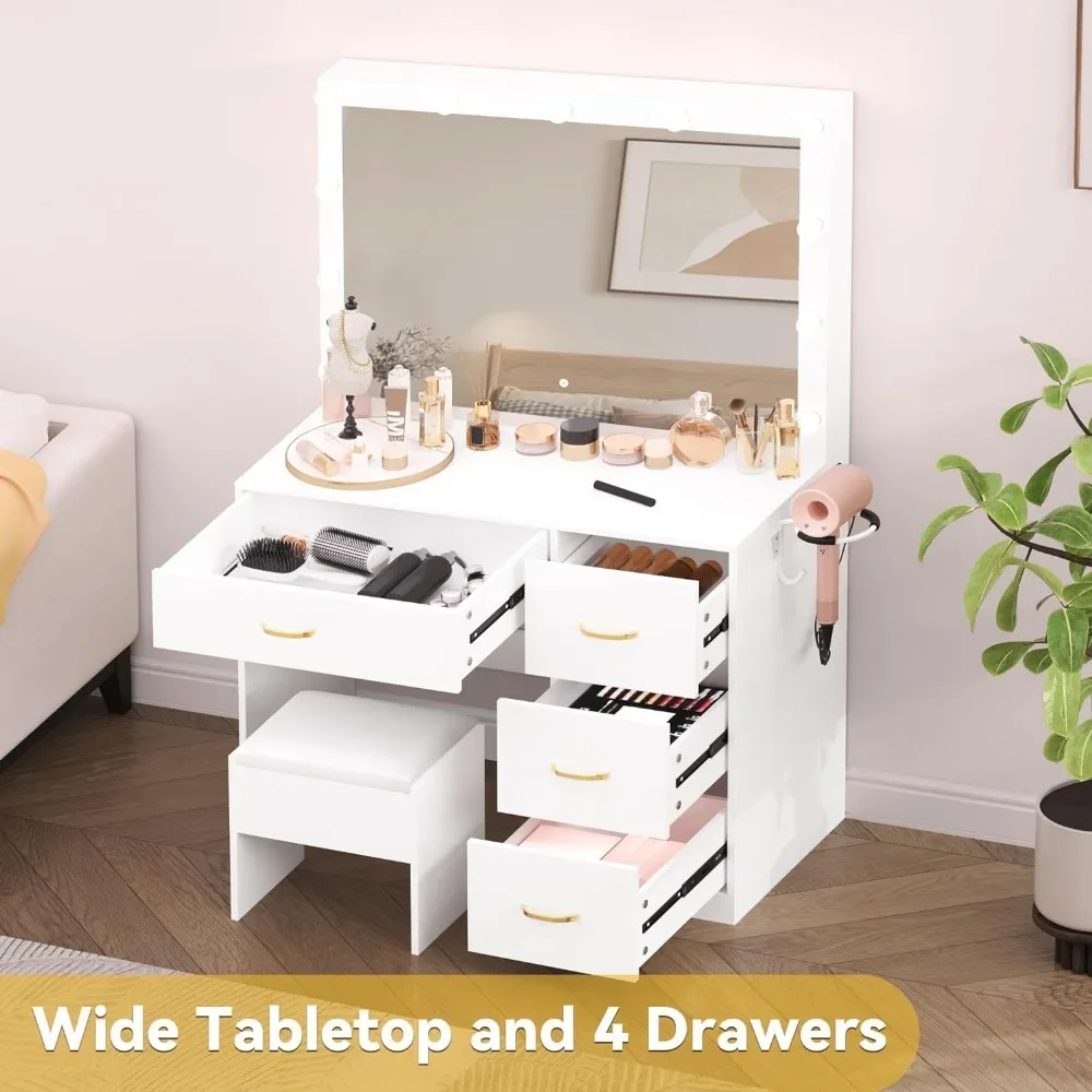 Makeup Vanity Desk Set Pearl-White 3 Color Lighting Modes Make Up Table Makeup Vanity With Large Lighted Mirror Furnitures Light