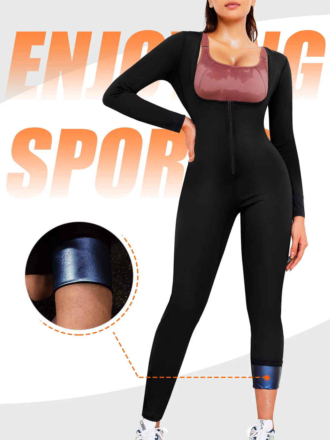 Women Sauna Sweat Jumpsuit Long Sleeve Full Body Workout Bodysuit Front Zipper Heat‑Lock Compression Shapewear Gym Yoga Running