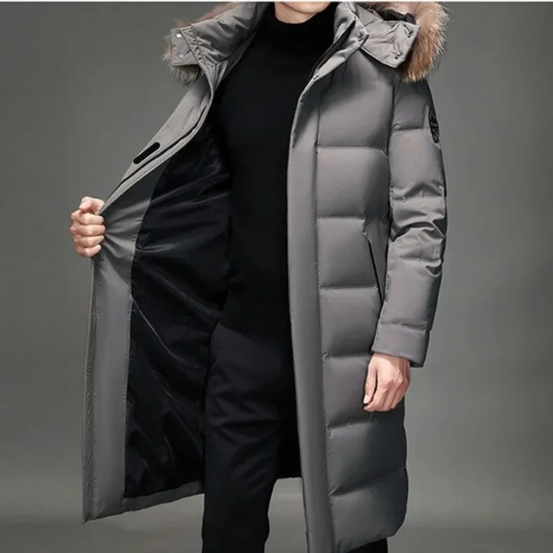 New 2024 Men White Duck Down Jacket Winter Coat Mid-length Loose Parkas Thicken Warm Handsome Outwear Hooded Trend Overcoat