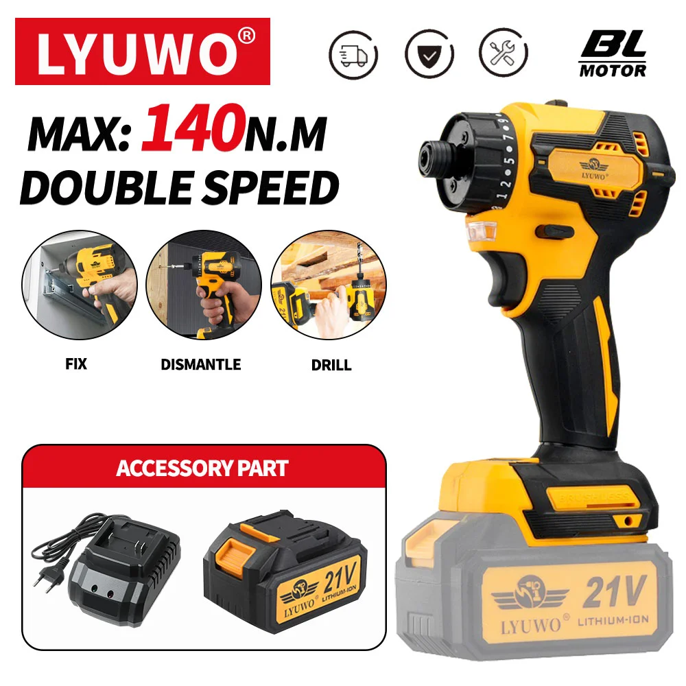 LYUWO 21V Cordless LED Lighting Electric Screwdriver Driver, Fast Brushless Impact Wrench, Rechargeable Drill Bit Driver Tool