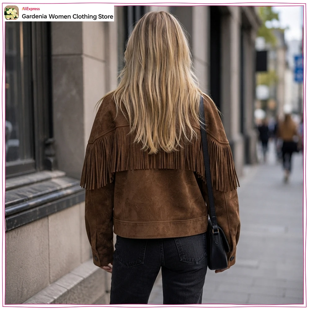 Vintage Women's Faux Suede Fringe Jacket New in Lapel Collar and Long Sleeves Elegant Autumn Outwear Stylish Taupe Brown Jacket